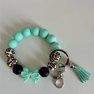 Mint Beaded Bow Keyring Bracelet with Leopard Accent and Tassel
